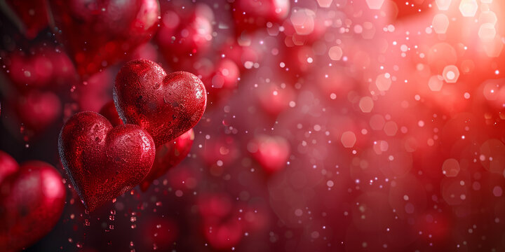 A Valentine's Day banner featuring two red hearts covered in water droplets, set against a vibrant bokeh background with warm red and pink tones.