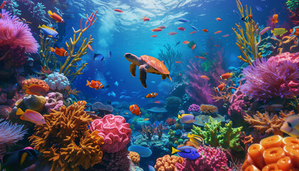 An underwater paradise with diverse coral reefs, fish, and a turtle, teeming with life and color, illustrating the wonder of marine ecosystems