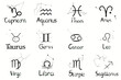 © ValerieJinto - Icons Zodiac constellations and choreography. Vector retro graphic illustrations of horoscope signs, tattoo, black white, out line.