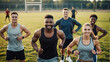 © Syrtseva Tatiana - Friends running together on a field, radiating joy and enthusiasm for fitness.