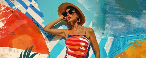 Wall Mural - Fashion model posing in front of colorful wall wearing sunglasses and summer clothes