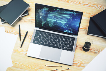Wall Mural - abstract graphic world map on modern laptop screen, connection and communication concept. 3d renderi