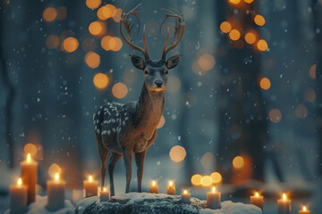 Wall Mural - a deer with antlers standing on a rock surrounded by candles