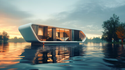 A futuristic modern house floats on water