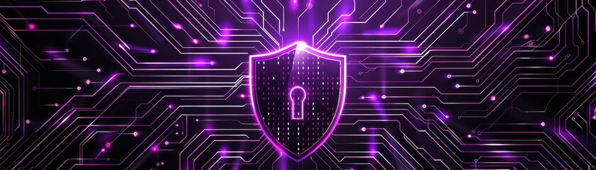 Wall Mural - Lock icon, purple circuit board background, shield symbol, front view, showcases secure communication, digital binary as object, colored pastel