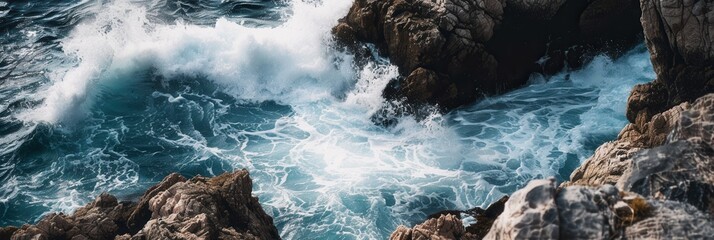 Wall Mural - A dramatic shot of powerful ocean waves crashing against picturesque rocks. This scene is perfect for adventure tourism companies and surf schools. Generative AI