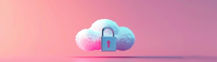 Wall Mural - Cloud storage icon, white firewall illustration, padlock, front view, highlights cloud encryption, digital binary as object, colored pastel