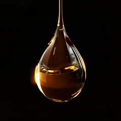 Wall Mural - Drop of golden oil isolated on black background