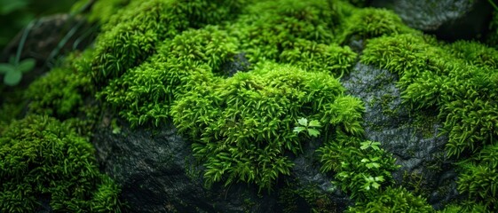 Wall Mural - Close-up of moss-covered rock, rich green tones,