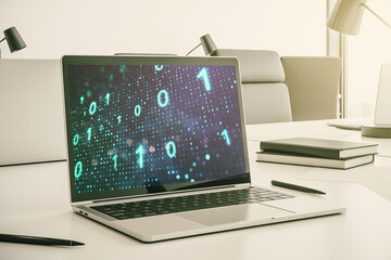 Wall Mural - Creative abstract binary code sketch on modern laptop monitor, hacking and matrix concept. 3D Rendering