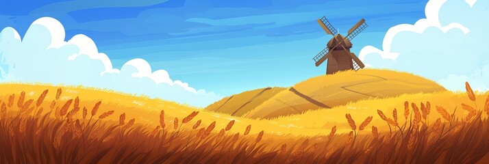 Wall Mural - Artistic painting of rural countryside scene with traditional windmill and golden wheat field