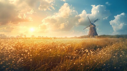 Wall Mural - Beautiful scenic view of countryside with traditional windmill