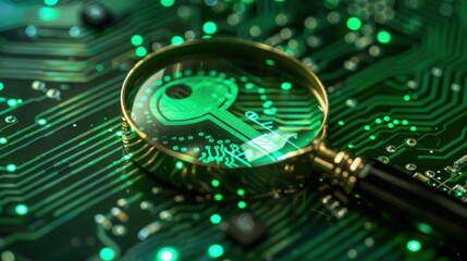 Wall Mural - Magnifying glass, green key icon, circuit board background, side view, emphasizes secure access, futuristic tone, vivid color scheme