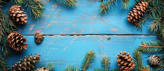 Wall Mural - A picturesque setting of fir branches with cones on a blue wooden backdrop, perfect for your copy space image.