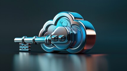 Wall Mural - Cloud storage icon, silver firewall illustration, padlock, side view, conveys digital safety, robotic tone, splitcomplementary color scheme