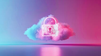 Wall Mural - Cloud storage icon, white padlock, firewall illustration, front view, highlights cloud encryption, digital binary as object, colored pastel