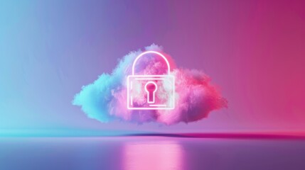 Canvas Print - Cloud storage icon, white padlock, firewall illustration, front view, highlights cloud encryption, digital binary as object, colored pastel