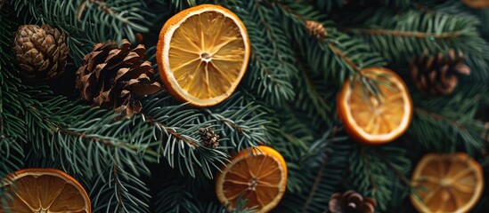 Wall Mural - A festive Christmas card with a copy space image nestled in a fir tree adorned with orange slices and cones.