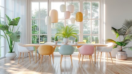 Wall Mural - Modern dining room with colorful chairs and large windows