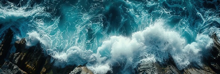 Wall Mural - A dramatic aerial view of crashing ocean waves against picturesque rocks. Perfect for surf schools and adventure tourism companies. Generative AI