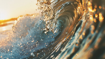 Extremely close up to a ocean wave at morning sunny shine