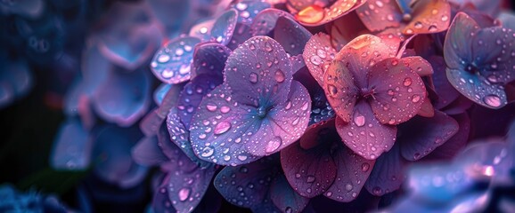 Wall Mural - Purple Hydrangea Flowers With Water Drops, Creating A Fresh And Vibrant Scene