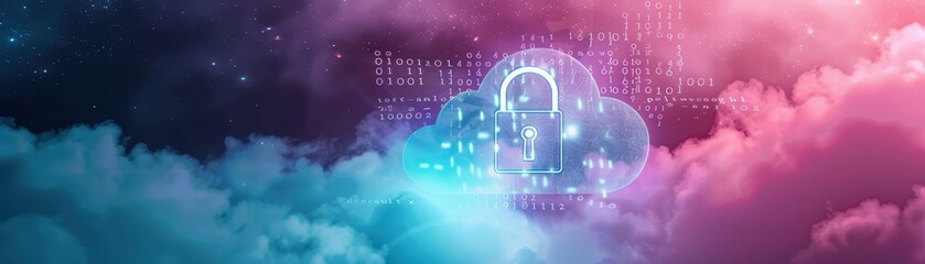 Wall Mural - Cloud with lock, white system monitoring interface, padlock, front view, highlights encrypted cloud access, digital binary as object, colored pastel