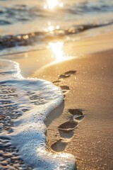 Wall Mural - Clear footprints on sandy beach with tropical sea water