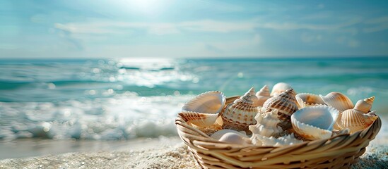 A tranquil beach scene with seashells arranged on a basket, a sunny ocean backdrop, and a serene ambiance for relaxation, all against a copy space image.