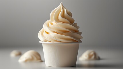 **A cup of vanilla soft serve ice cream on a solid white background