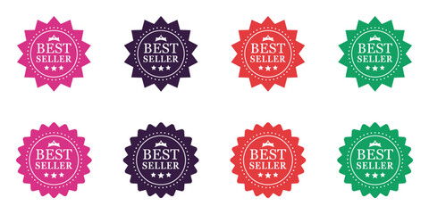Wall Mural - Collection of best seller badge labels, isolated on a white background - Set of best seller badge icons in various colors and styles, each with stars and a crown