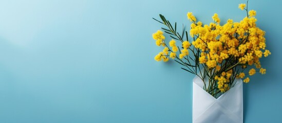 Wall Mural - A vibrant mimosa plant with yellow blossoms displayed in a white envelope rests on a blue paper backdrop, creating a spring-themed website banner ideal for International Women's Day, with ample copy