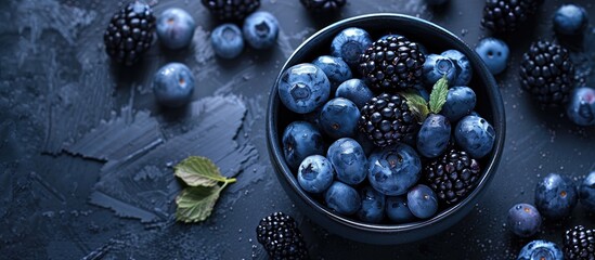 A dark background showcases blueberries and blackberries, perfect for vegans as a healthy breakfast option, promoting a healthy lifestyle with copy space image.