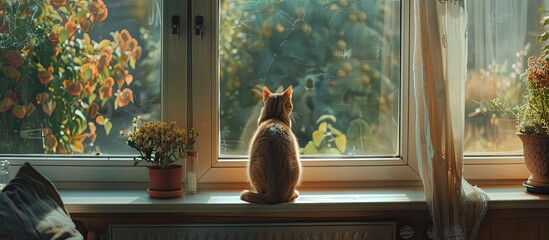 A cat sits on a windowsill, gazing out of a tiny house window, with a copy space image.