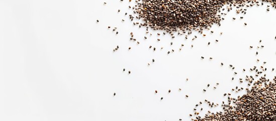 A view from above of chia seeds on a clear white background with ample copy space image.
