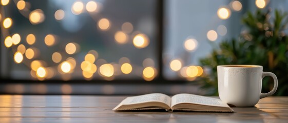 Wall Mural - Open journal and cup of coffee on a table, cozy and warm light, reflective atmosphere