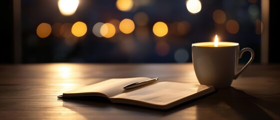 Wall Mural - Open journal and cup of coffee on a table, cozy and warm light, reflective atmosphere