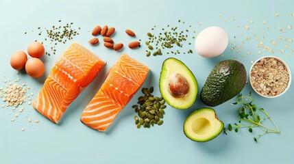 Wall Mural - Appetizing display of keto-friendly foods - salmon, avocado, eggs, nuts, and seeds - set against a bright background, offering a visually appealing option for promoting healthy eating.