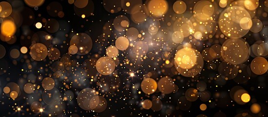 Wall Mural - Celebrate with an abstract bokeh background in dark black and warm yellow tones, featuring glittering sparkles and a defocused, festive backdrop with copy space image.