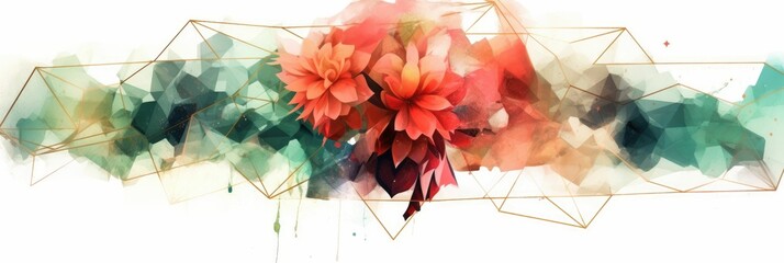 Wall Mural - Abstract geometric watercolor banner with dynamic shapes and splatters. Red flower and leaves line arrangement or composition with white background. Modern art concept for creative design. AIG35.