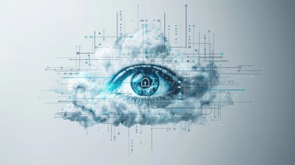 Wall Mural - Eye icon, silver cloud with lock, data flow chart, side view, conveys secure analytics, robotic tone, splitcomplementary color scheme