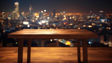 Wall Mural - Wooden tabletop with blurred cityscape background. An image of table in front of urban city in night time with glowing light. Mockup concept with copy space for advertising and product display. AIG35.