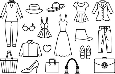 Sticker - Fashion related editable stroke outline icons isolated on white background flat vector illustration