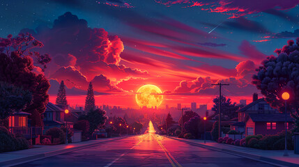 Wide empty road is leading to a big city skyline at sunset with colorful trees and flowers