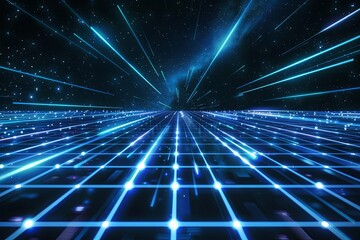 80s video game grid background with blue light streaking in cosmic space