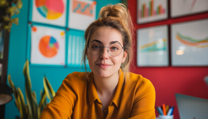 A professional businesswoman with glasses in a vibrant office environment emphasizing creativity and focus perfect for corporate and startup themes