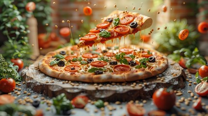 Freshly Baked Pizza With Tomatoes and Basil on Wooden Board
