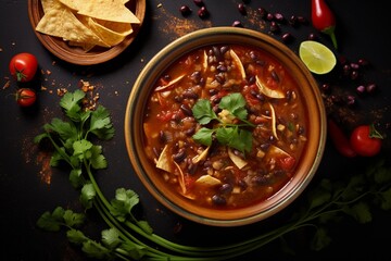 Wall Mural - Mexican traditional tortilla soup with toppings and lime wedge, top view