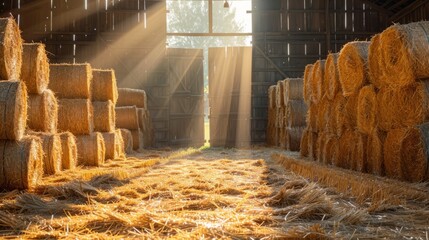 Wall Mural - Sunlight streaming through barn with hay bales