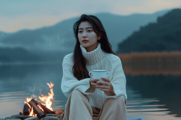 Wall Mural - Woman sitting on bonfire near lake in wild at sunset